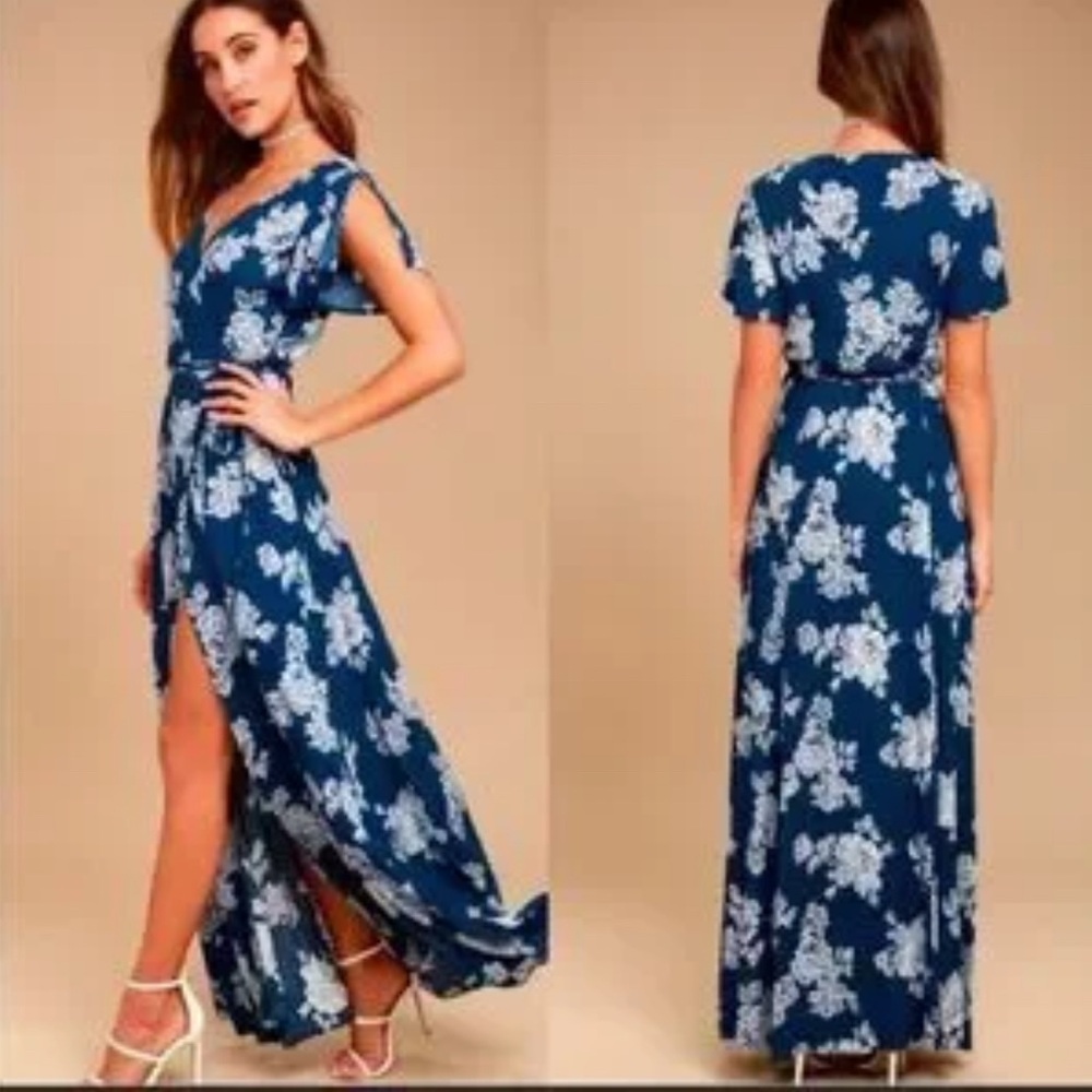Lulu's Blue and White Flutter Sleeve One Shoulder Dress